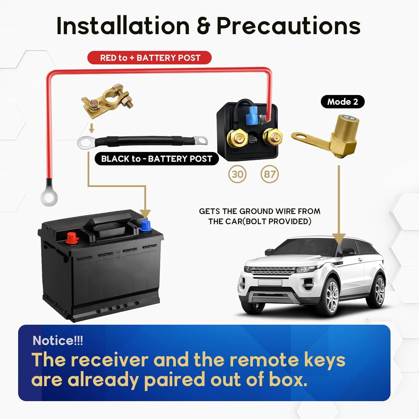 Car Remote Battery Disconnect Switch 12V, 250A Top Post Negative Battery Shut Off Switch Automotive Anti Theft Kill Switch Kit Upgrade Prevent Battery Drain for Truck, RV Auto, Boat