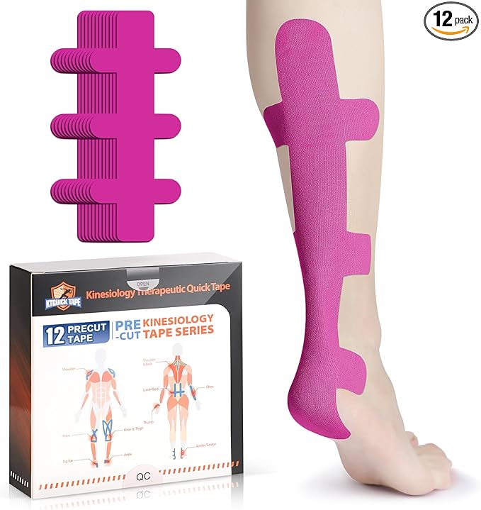 Kinesiology Tape for Achilles Tendon, KTQUICK 12 Count Achilles Tendon Tape Precut, Original Cotton Waterproof&Breathable, Enhance Elastic Kinesiology Athletic Tape for Achilles&Muscle Support(Pink)