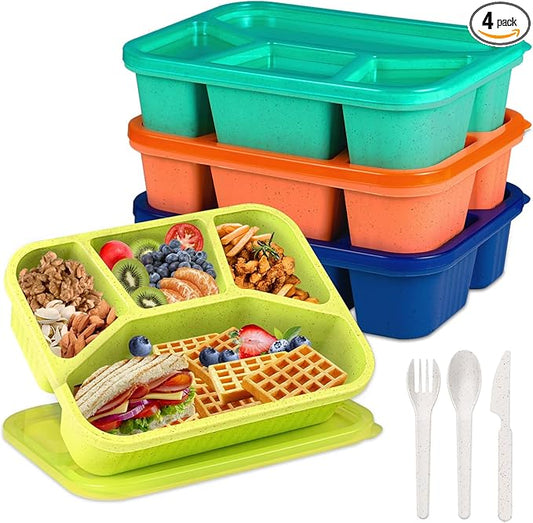 4 Pack Bento Box Lunch Box Container for Adult Kid, 4 Compartment Meal Prep Containers with Lids, Reusable Snack Box Container for Work Travel Picnic, Microwave & Dishwasher Safe