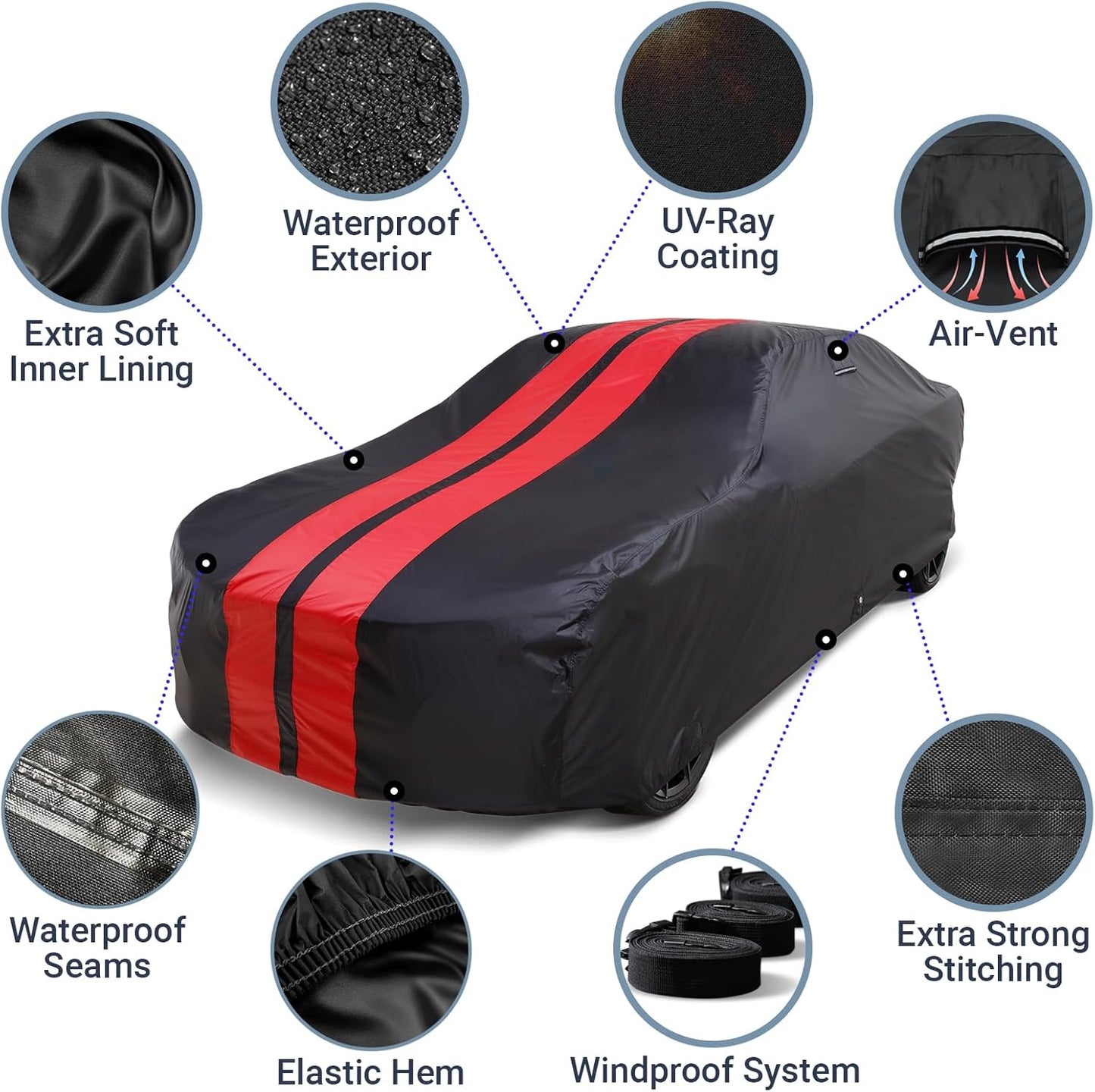 iCarCover Custom Car Cover for Buick Super (1954-1958) Waterproof All-Weather Rain Snow UV Sun Protector Full Exterior Indoor Outdoor Car Cover (Stripe - Black/Red)