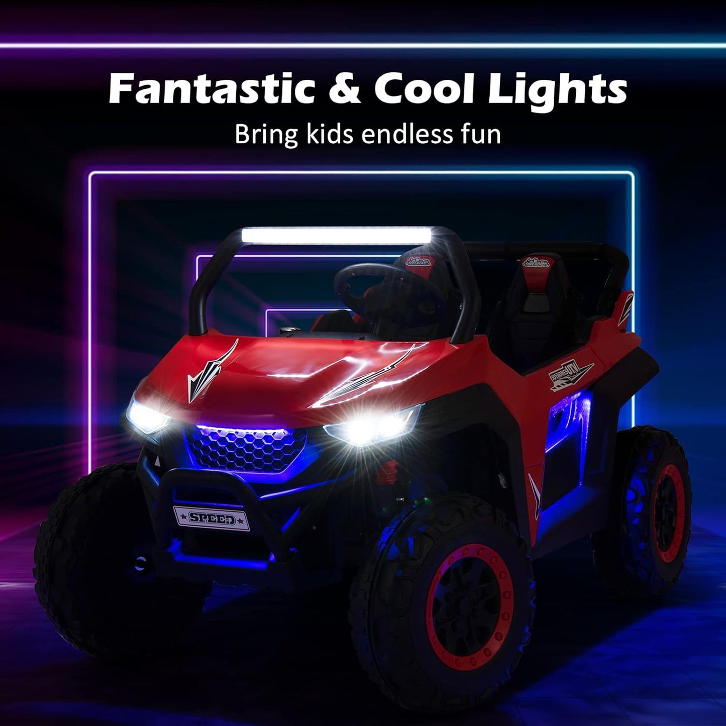 Costzon 2-Seater Ride on Car for Kids, 12V Kids' Electric Vehicles w/Remote Control, 4 Shock Absorbers, Wireless Music & FM, 3 Speeds, Ambiance Lights, Electric Car UTV for Boys Girls (Red)