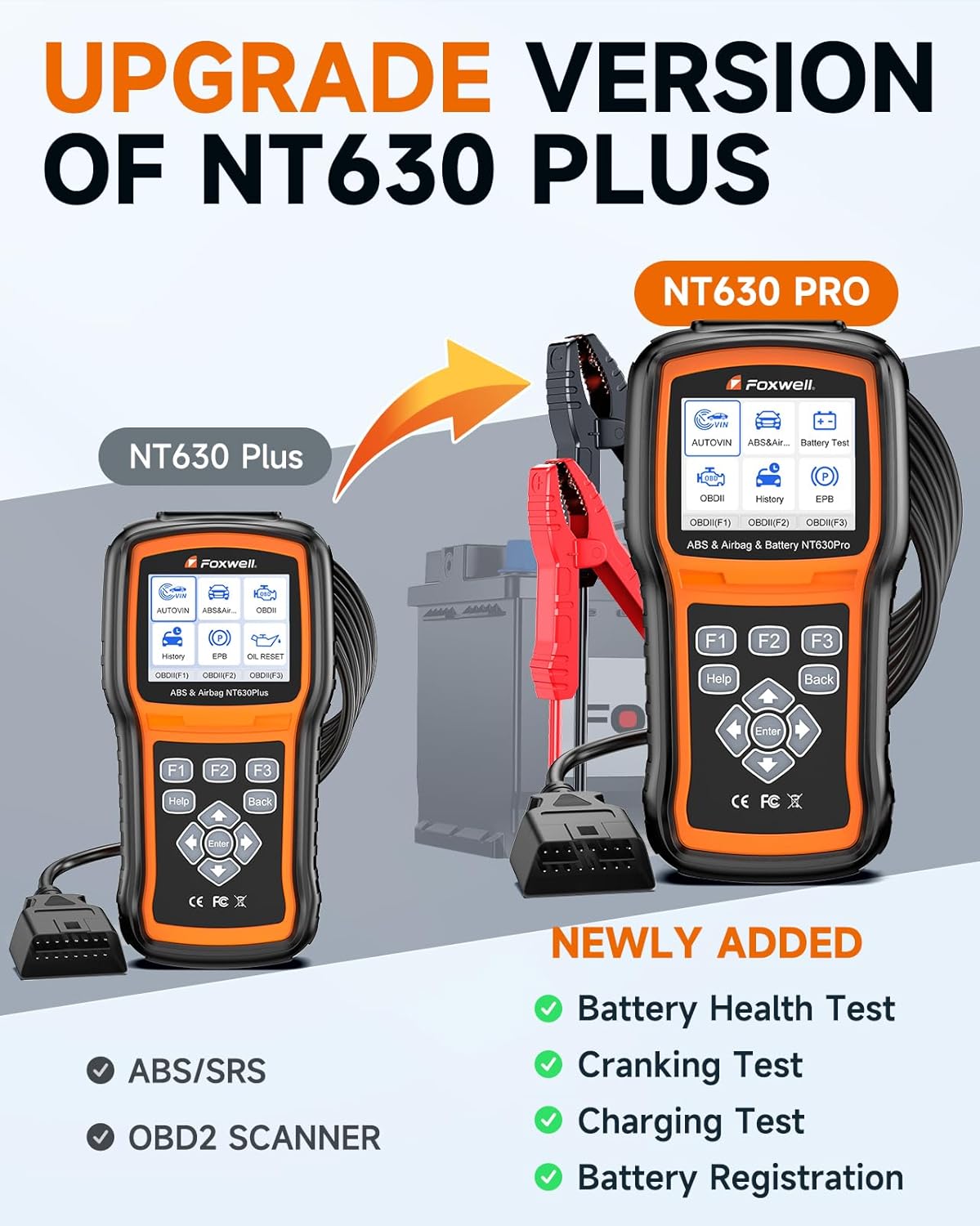 UPGRADED NT630 Plus, FOXWELL NT630 Pro 2-in-1 ABS SRS OBD2 Scanner & Battery Tester, Car Scan Tool with 12V Battery Load Analyzer, 100-1100CCA, ABS Bleed, BMS/OIL/SAS/EPB Reset, Live Data, Active Test