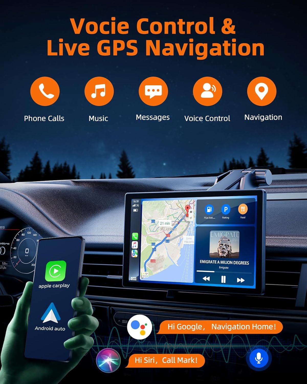 Portable Wireless Carplay Screen for Car with 2.5K Dash Cam,9 Inches Android Auto Screen with 1080p Backup Camera,GPS Navigation,Bluetooth,Airplay,Voice Control