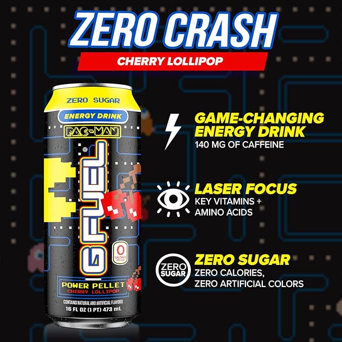 G Fuel Energy Drink, Cherry Lollipop, Sugar Free Beverage with 140mg Caffeine, Daily Energy Boost with Focus Amino, Vitamin + Antioxidants, 16 oz Cans (Pac-Man Power Pellet, 12-Pack)