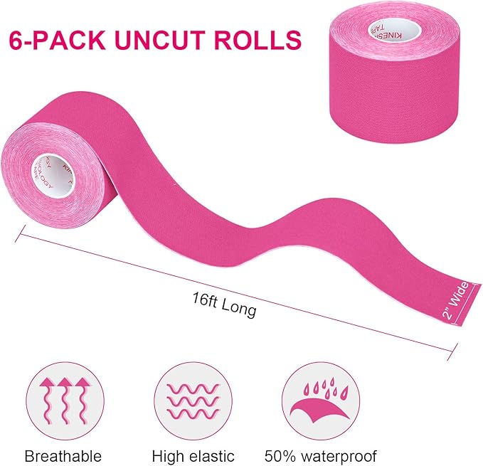 Kinesiology Tape Athletic Tape Sport Tape, Lychee Supports & Protects Muscles, Waterproof and Latex Free, Breathable Elastic for Sport Activity (Pink, 6 Rolls)