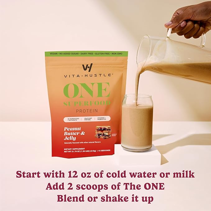 VitaHustle ONE Meal Replacement Shake - Plant Based Protein Powder by Kevin Hart - Vegan, Meal Replacement Powder with Superfoods, Vitamins, Adaptogens & Probiotics - Peanut Butter & Jelly Flavor, 15 Servings