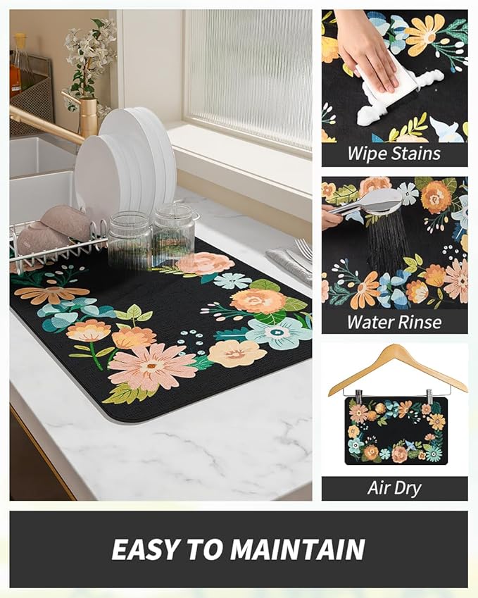 AMOAMI Coffee Mat Hide Stain Rubber Backed Absorbent Dish Drying Mat for Kitchen Counter - Bar Accessories Fit Under Coffee Maker, Espresso Machine, Dish Rack - Floral Black 16x24