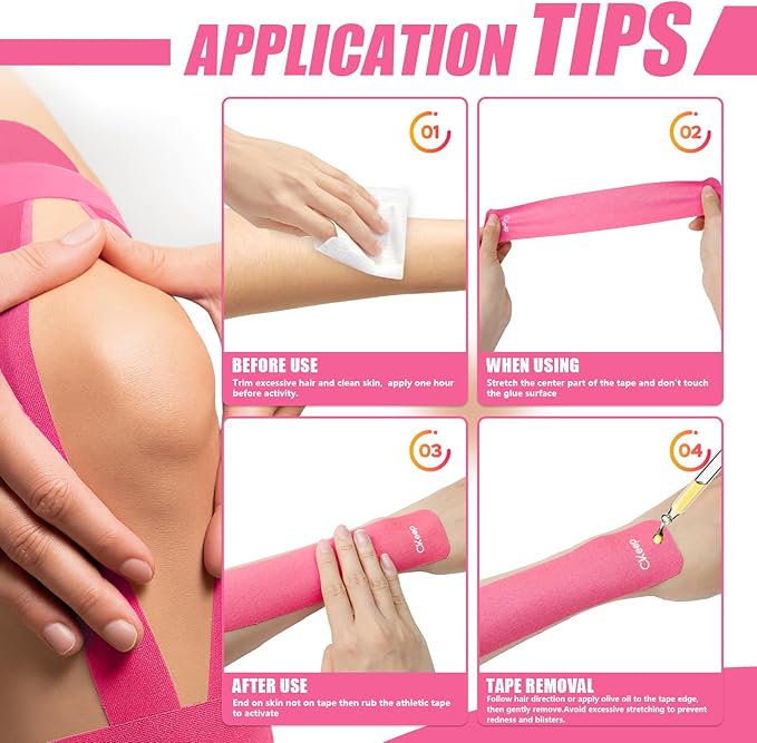 CKeep 4 Rolls Kinesiology Tape, Original Cotton Elastic Athletic Tape, 20 Precut 10" Strips Each, Pink, Ideal for Muscle Support & Injury Prevention