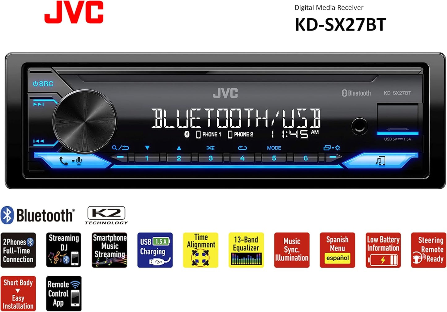 JVC KD-SX27BT Car Stereo with Bluetooth, 100W Digital Media Receiver, 1.5A USB to Charge Devices, Single DIN Head Unit, AM/FM, Aux-in, JVC Remote App