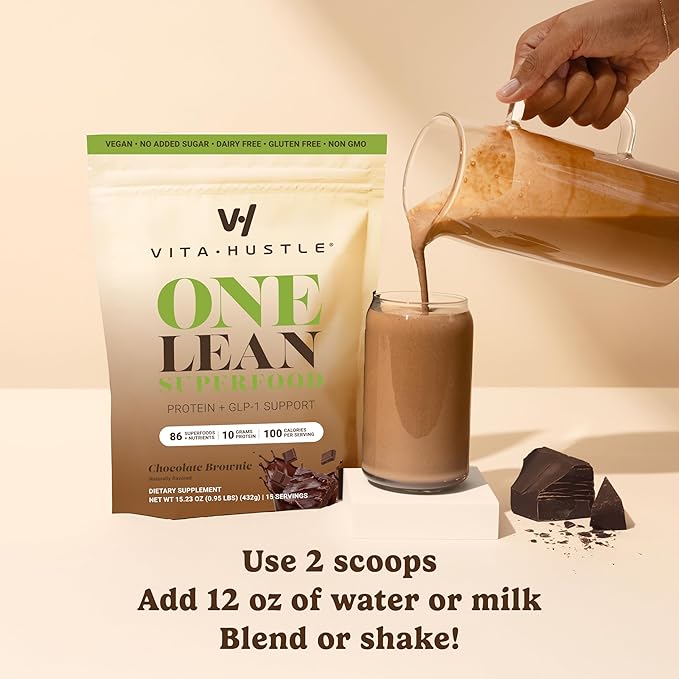VitaHustle ONE Superfood Lean Protein Powder, All-in-One Nutrition Shake, 10g Plant Protein, Multivitamins, Ashwagandha, Low Calorie, Postbiotics, 15 Servings