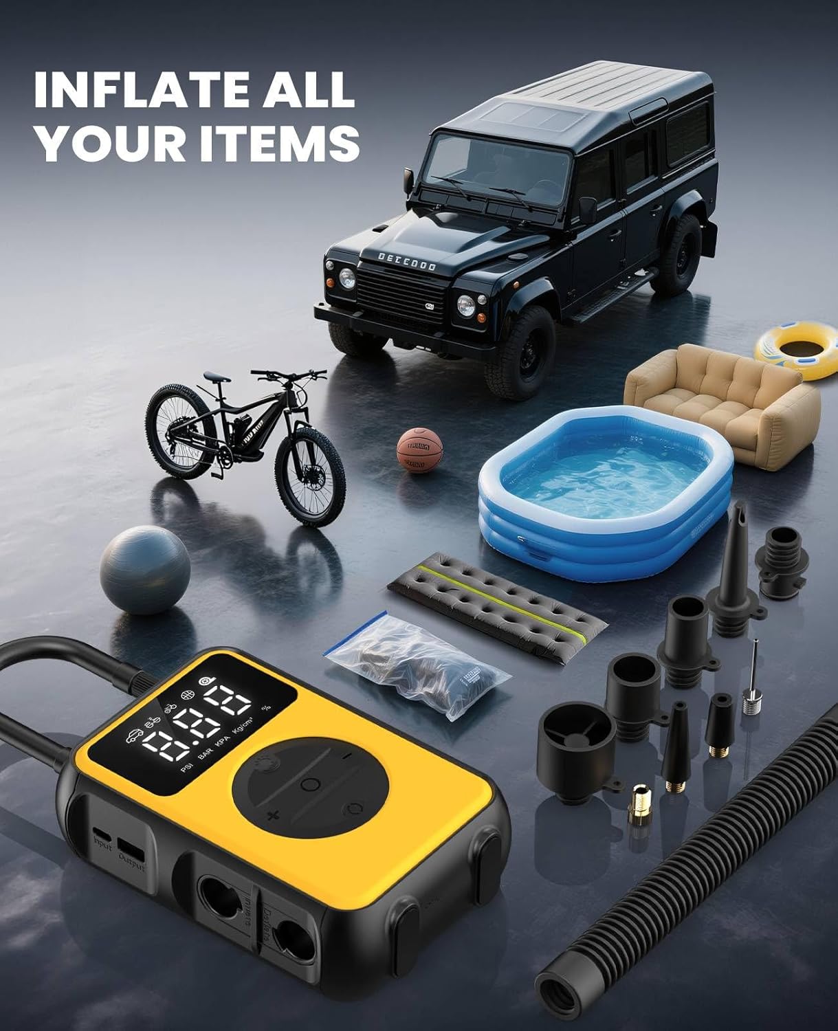 Tire Inflator Portable Air Compressor, Dual Pressure-150PSI High Pressure Mode & 4.0 kPa Large Volume Mode For Car, Bicycle Tires, Air Mattresses and Inflatables