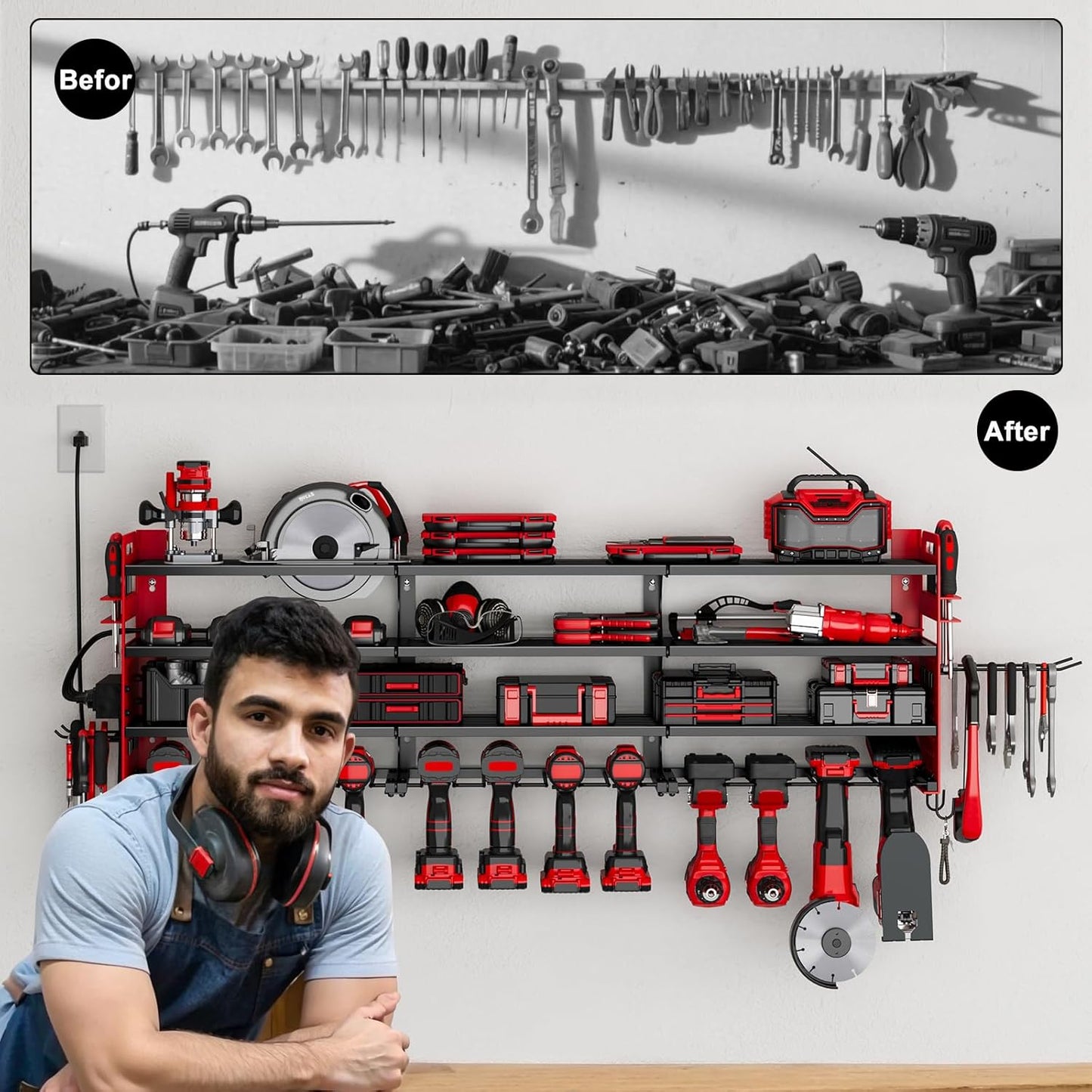 12 Cordless Drill Holder Large Power Tool Organizer Wall Mount with Side Pegboard & Screwdriver Holder, 4-Tier Heavy Duty Metal Tool Storage Rack with 4-Outlet Power Strip