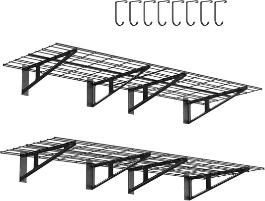 2-Pack Garage Wall Shelving, 2x6 FT Garage Shelving Wall Mounted, Heavy Duty Metal Shelves with 8 Bike Hooks, 1200lbs Load Capacity Floating Shelves, 24-inch-by-72-inch Wire Shelving Wall Mounted