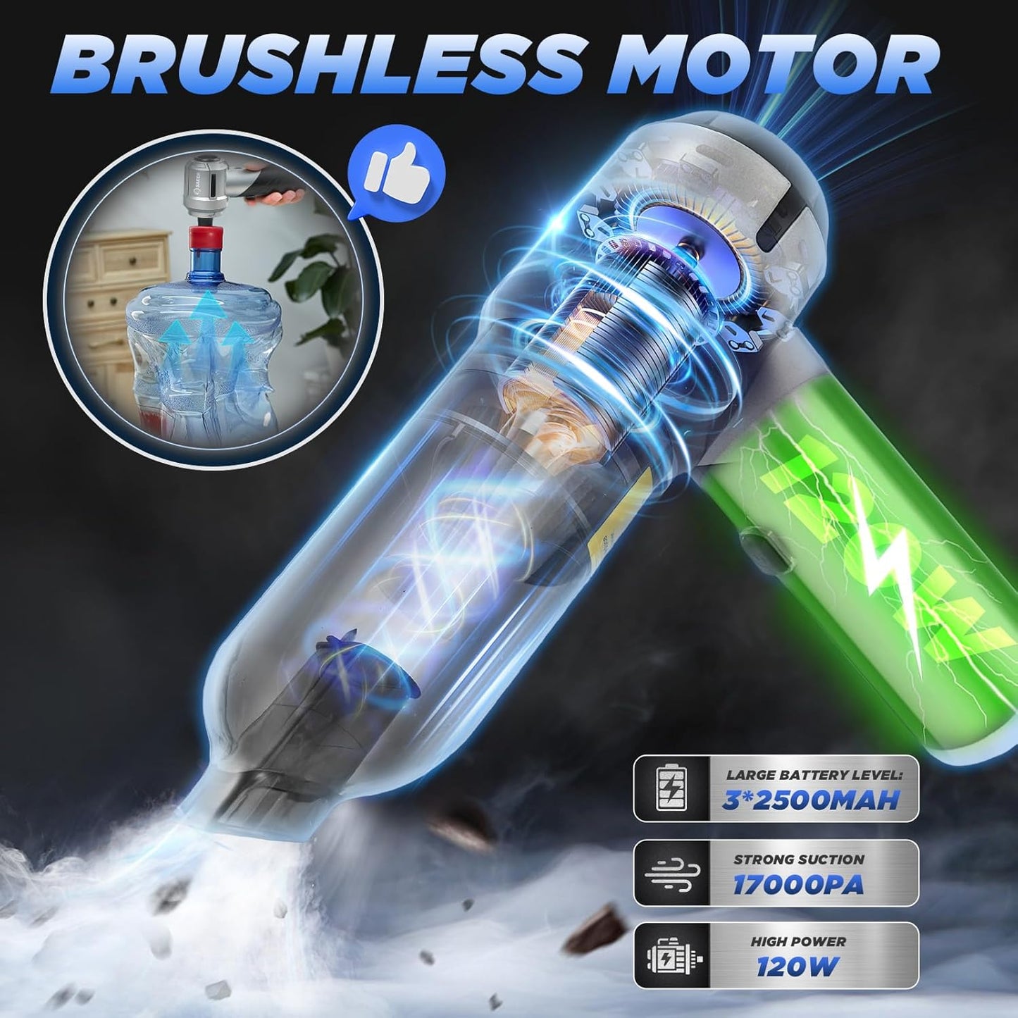 Saker Handheld Car Vacuum Portable Cordless17000PA Mini Vacuums Rechargeable Foldable Vacuum Cleaner with Brushless Motor for Gifts Home,Office Pet HL132 Black