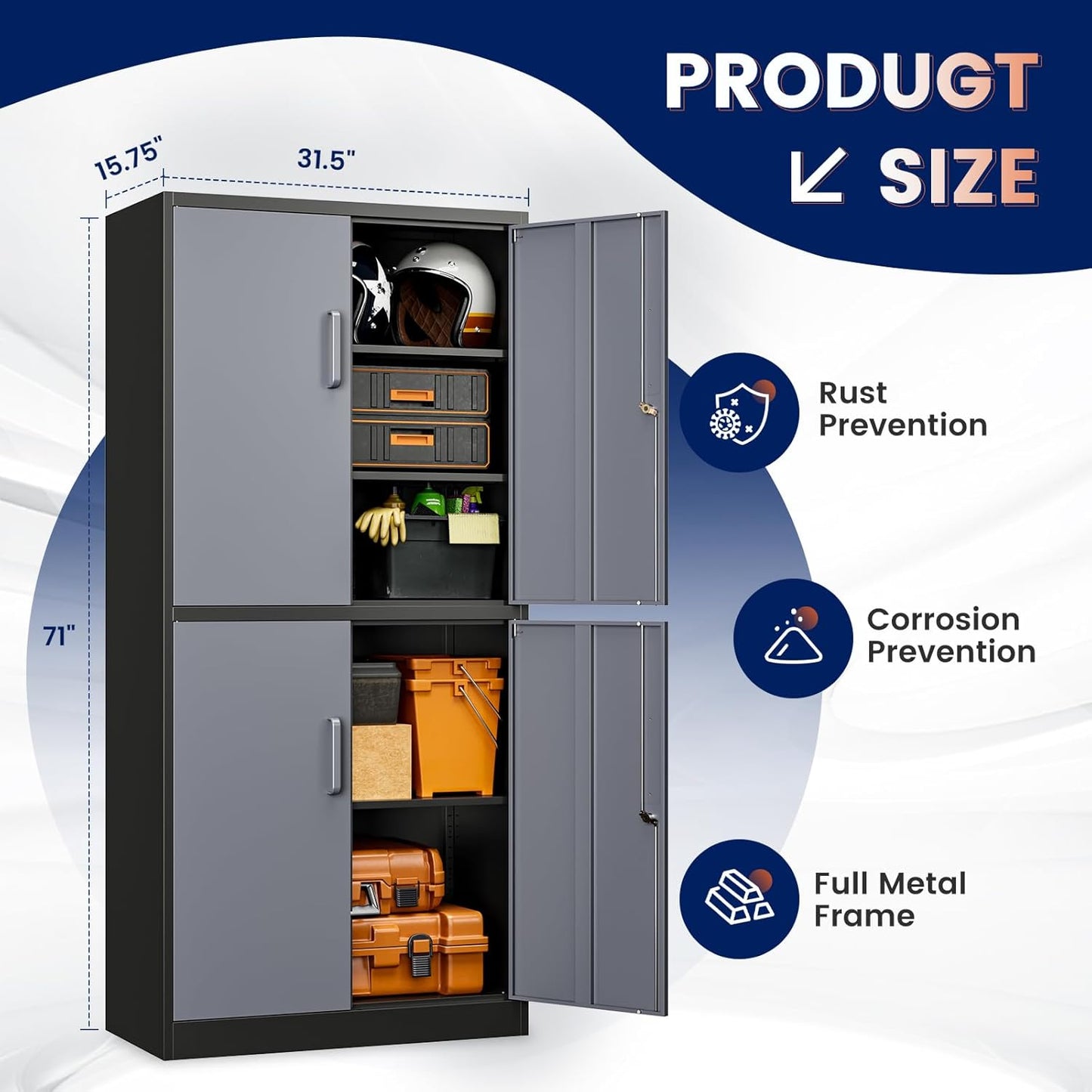 Yizosh Metal Storage Locking Cabinet with 4 Doors and 2 Adjustable Shelves,71" Lockable Garage Tall Steel Cabinet,for Home Office,Living Room,Pantry,Gym,Commercial Storage (Gray Black)