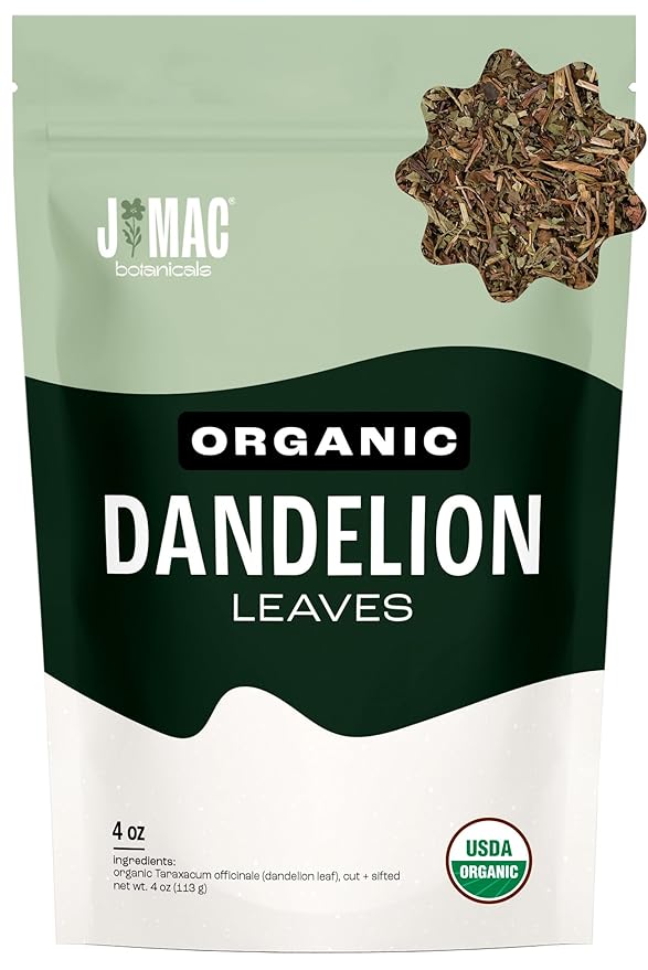 J Mac Botanicals, Organic Dandelion Leaves (4 oz bag) USDA Certified Organic Dandelion leaf tea, te diente de leon organico, Packaged in the USA, Cut and Sifted, No Caffeine