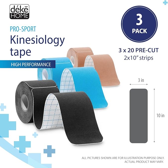 Deke Home - Kinesiology Tape Precut Strips (3 Pack), 20 Strong Adhesive 10in Elastic Strips, Waterproof Athletic Tape for Injuries, Knee, Ankle, Muscle, Joint, Latex-Free