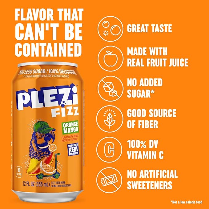 PLEZi FiZZ Orange Mango Sparkling Juice - Healthy Soda Alternative with Real Fruit Juice, No Added Sugar - Low Sugar Sparkling Drink - Good Source of Fiber, 12 Fl Oz (12 Pack)