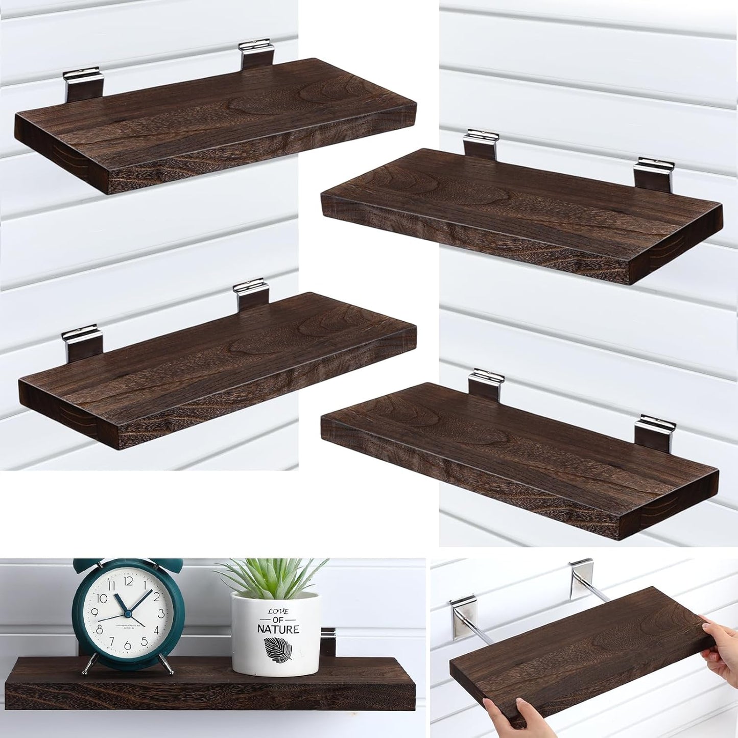 4 Pack Wooden Slatwall Shelf, 16.1" D x 6.7" W x 1.1" H Slatwall Shelves with Metal Hooks Organizer Set Mounted Accessories for Garage Home Workshop Workbench (Brown)