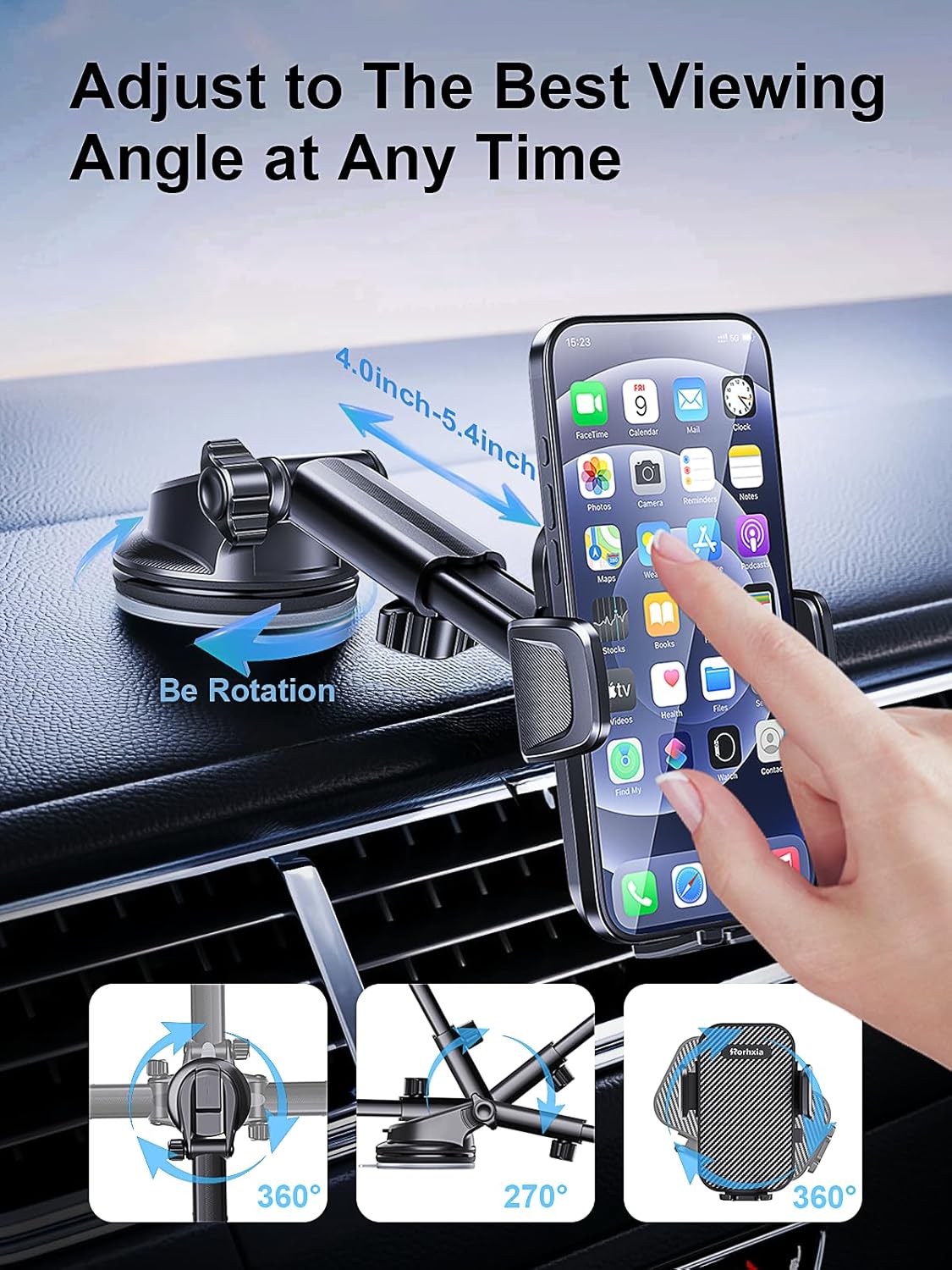 [2025 Most Stable & Flexible Suction Cup] 3-in-1 Car Phone Holder, Cell Phone Car Mount Fit for Vent/Dashboard/Windshield, All Phones, iPhone, Samsung and More