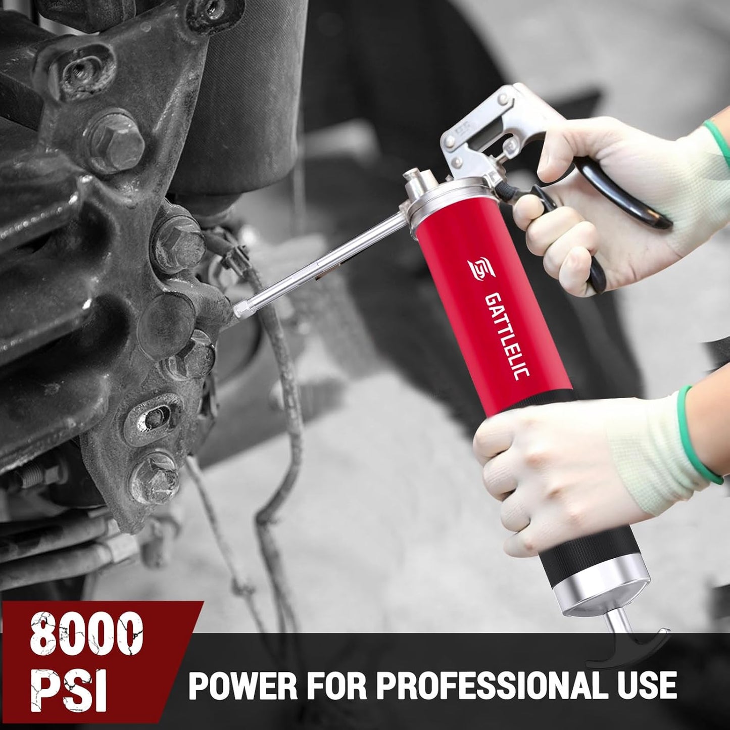 Heavy Duty Grease Gun Kit, 8000 PSI Professional Pistol Grip 14 oz Load with 12" Flex Hose, Locking Coupler, Extension Pipe, and Sharp Nozzle,Red(Upgrade)