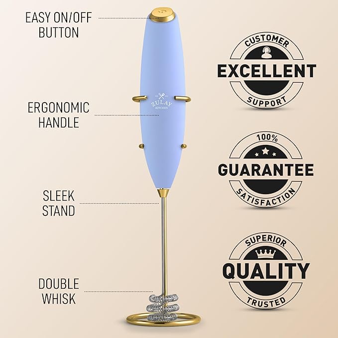 Zulay Kitchen Tornado Whisk Milk Frother with 4 AA Duracell Batteries - Triple Whisk for More Power - Handheld Coffee Frother with Stand - Drink Mixer for Lattes, Matcha & Protein Shakes