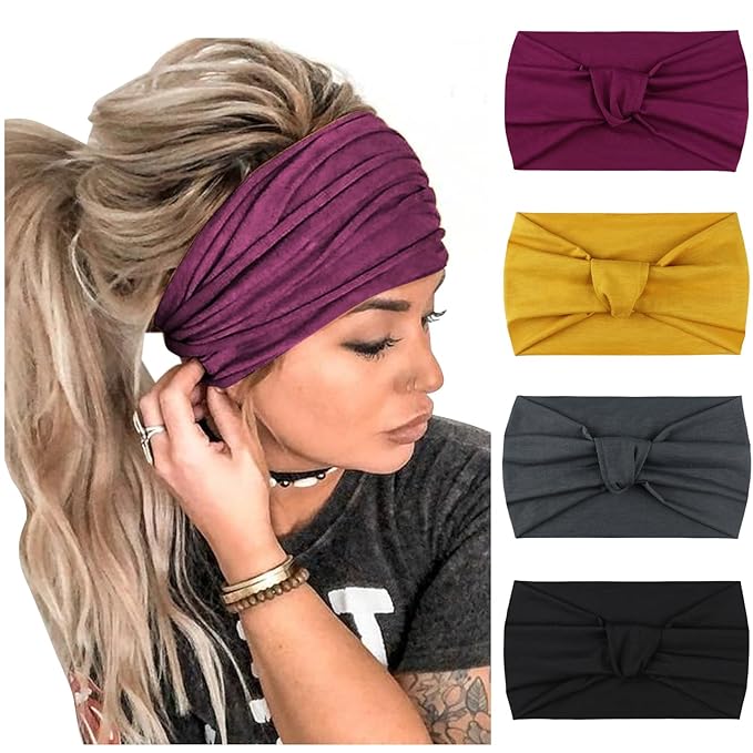 DRESHOW 4 Pack Turban Headbands for Women Wide Vintage Head Wraps Knotted Cute Hair Band Accessories