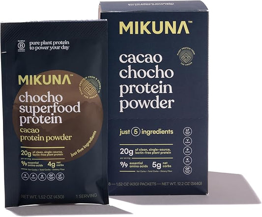 Mikuna Chocho Superfood Protein, Plant-Based Protein Powder, Travel Packs - Vegan, Gluten Free, 3g Net Carbs or Less, and Bioavailable, Non-Isolate (8 Servings, Cacao)