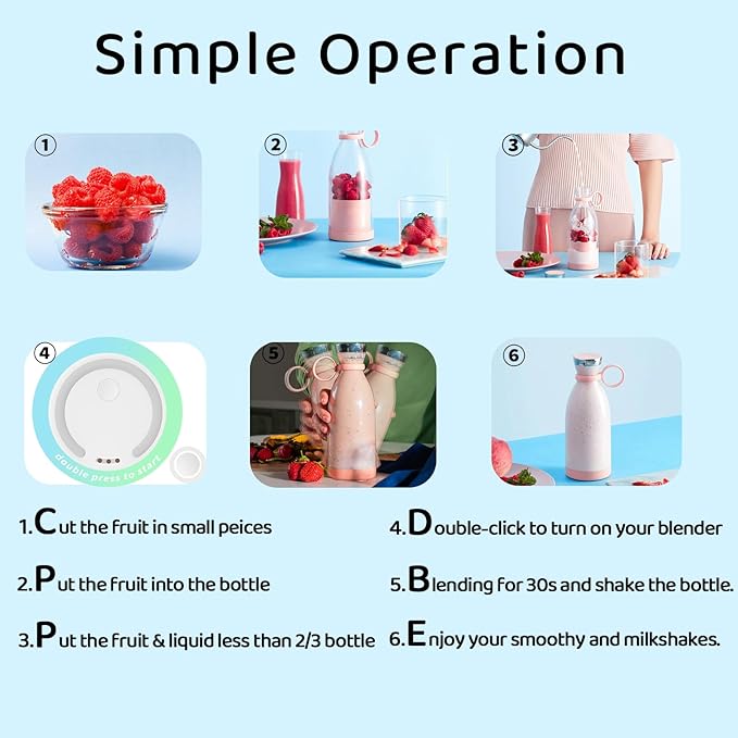 Mini Blender for Smoothies and Milkshakes, Portable Blender, Rechargeable, Personal Size Blender with Quota Outer Travel Lid with 4 Blades, 11 oz for Outdoors, Camping (Black)