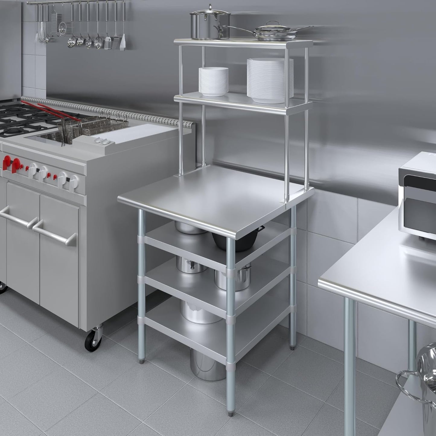 Amgood 30" x 30" Stainless Steel Work Table with 3 Shelves and 12" Wide Double Tier Overshelf | Metal Kitchen Prep Table & Shelving Combo | NSF