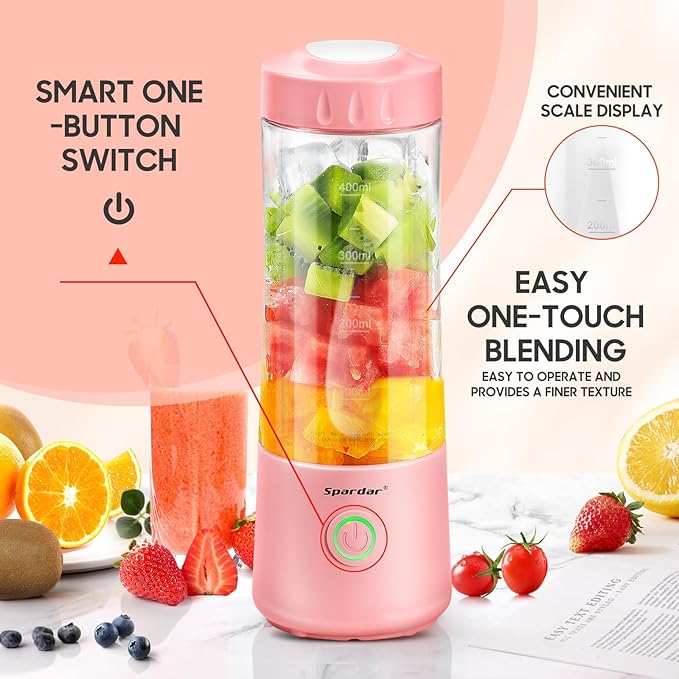 Spardar Portable Blender for Shakes and Smoothies, 4000mAh Personal Blender with 6 Blades, USB Rechargeable Blender Bottles Electric, Mini Blender Cup Portable Juicer for Home Sports Outdoors