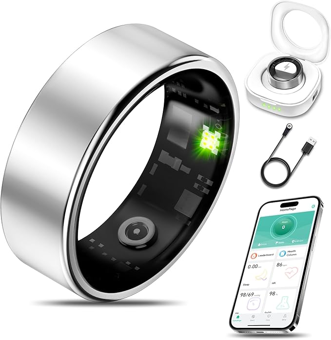 Smart Health Ring for Women Men Fitness Tracker with Heart Rate, Blood Oxygen, Blood Pressure, Sleep Monitoring, Step Counting, IP68 Waterproof for iPhone and Android, No APP Fee, Silver 14