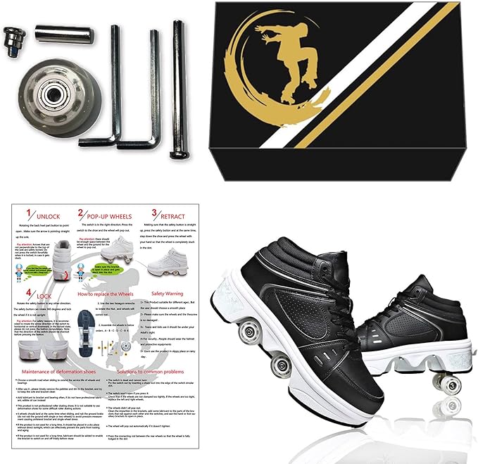 Roller Skate Shoes for Women Four Rounds Children's Roller Skates Shoes That Turn into Rollerskates Sneakers Outdoor Light Shoes with Wheels for Girls/Boys