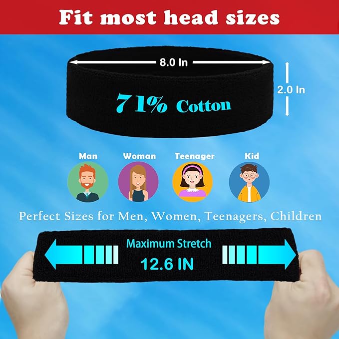 Sweatbands Sports Headbands for Men & Women - 3 Pack Moisture Wicking Cotton Headband for Tennis, Basketball, Running, Gym - Sweat Band