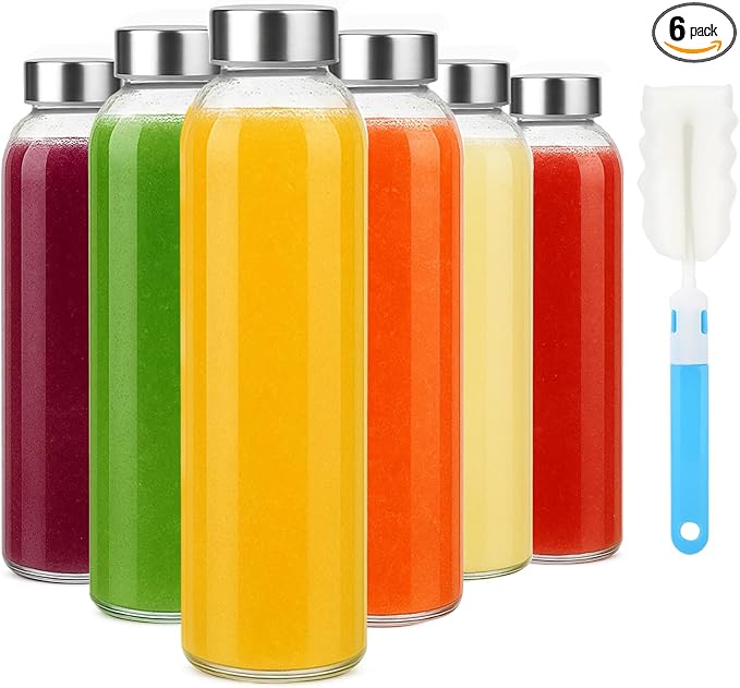 Sursip 18oz Glass Water Bottle Set of 6, Clear glass juice bottle for juicing，Reusable Drinking Bottles with Stainless Steel Lid，Beverage Storage Containers for Refrigerator-BPA Free，Leak Proof