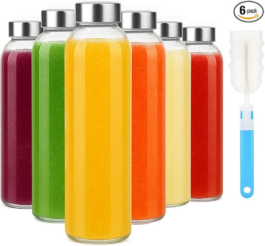 Sursip 18oz Glass Water Bottle Set of 6, Clear glass juice bottle for juicing，Reusable Drinking Bottles with Stainless Steel Lid，Beverage Storage Containers for Refrigerator-BPA Free，Leak Proof