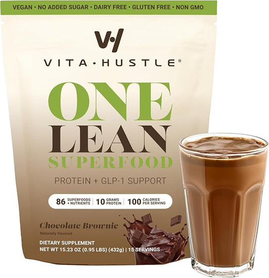 VitaHustle ONE Superfood Lean Protein Powder, All-in-One Nutrition Shake, 10g Plant Protein, Multivitamins, Ashwagandha, Low Calorie, Postbiotics, 15 Servings
