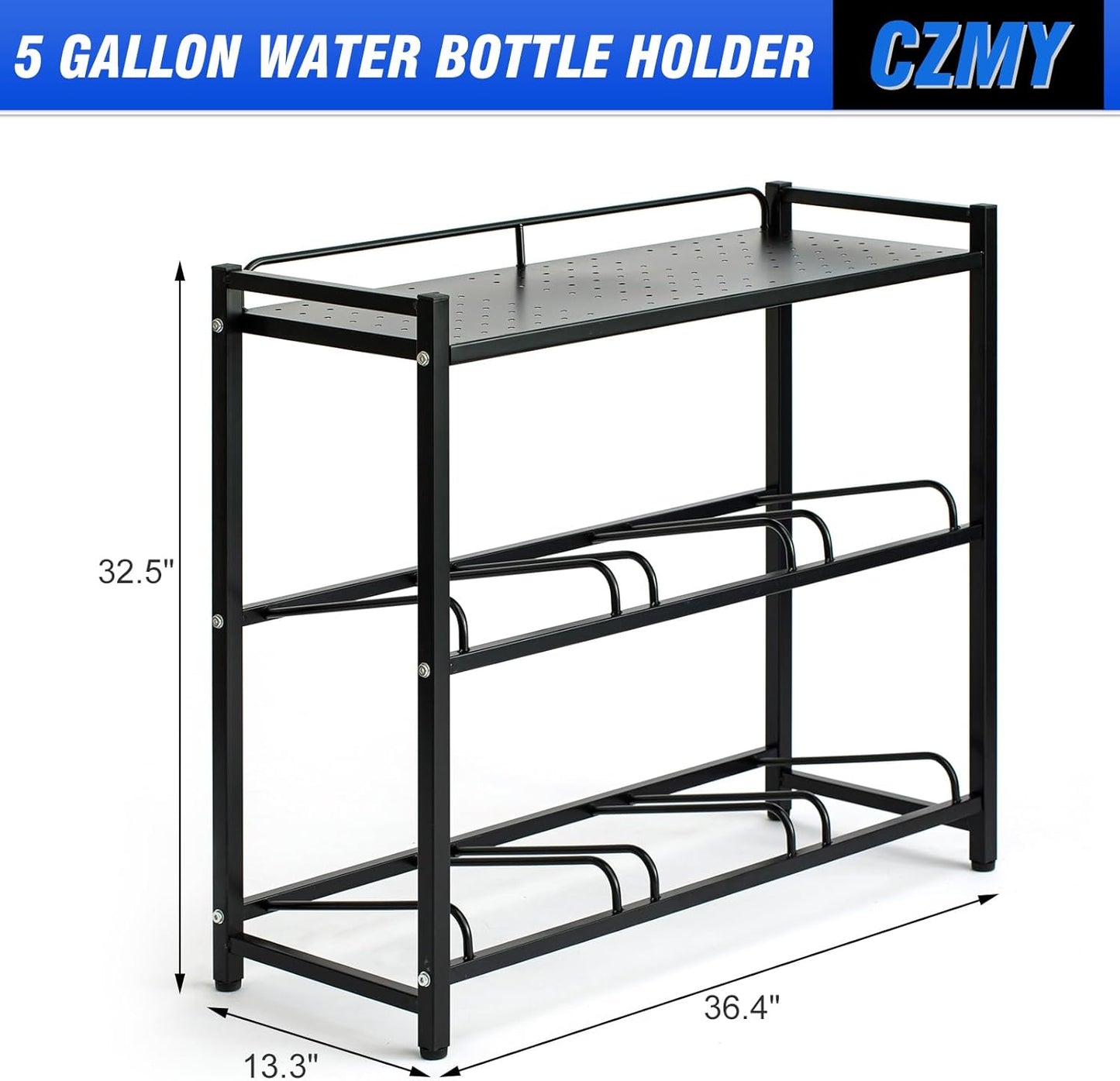 5 Gallon Water Bottle Holder 6-Tray 3/5 Gallon Water Jug Rack with Top Shelf Heavy Duty Jug Stand for Kitchen, Office, Garage Black