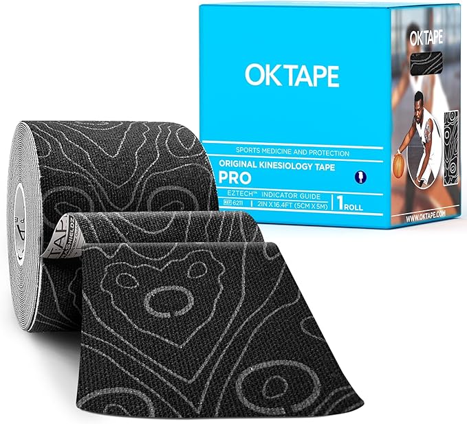 OK TAPE PRO Kinesiology Tape Uncut Roll, Elastic Physical Therapy Athletic Tape for Pain Relief, Muscle Support, Kinetic Tape, Water Resistant, 2in X 16.4ft -Black Gray