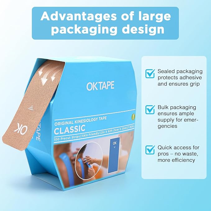 OK TAPE Kinesiology Tape Pre Cut Strips Bulk (100 PCS),Elastic Cotton Latex Free Hypoallergenic Athletic Tape Roll for Muscle Joint Knee,Waterproof k Tape 2in×10in/PCS
