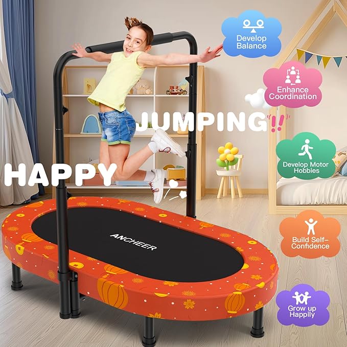 ANCHEER 56" Double Mini Trampoline for Kids, Mini Rebounder with 5-Level Adjustable Handle, Parent-Child Trampoline for Kids, Max Load 220lbs, Fun for Indoor/Outdoor