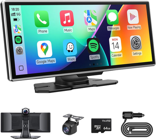 Wireless Carplay Screen for Car with 4K Dash Cam & 1080P Backup Camera, 11.26'' Portable A-pple Carplay & Android Auto Touch Screen Car Stereo, GPS Navigation, Bluetooth, Siri, FM, Mirror Link