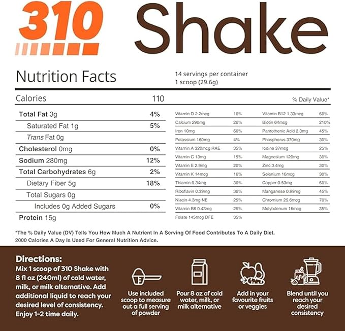 310 Nutrition All-In-One Meal Replacement Shake Powder - Plant-Based Protein Smoothie Blend w/High Fiber, Probiotics & Adaptogens - Low Carb, Vegan, Keto & Paleo Friendly - Chocolate Bliss - 28 Srv