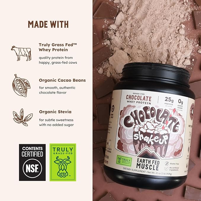 Earth Fed Muscle Chocolate Shakeup Truly Grass Fed Whey Protein Isolate NSF-Certified. No Artificial Ingredients, Soy Free, Gluten Free, Non-GMO and Hormone Free (2 Pound, 29 Servings, Chocolate)