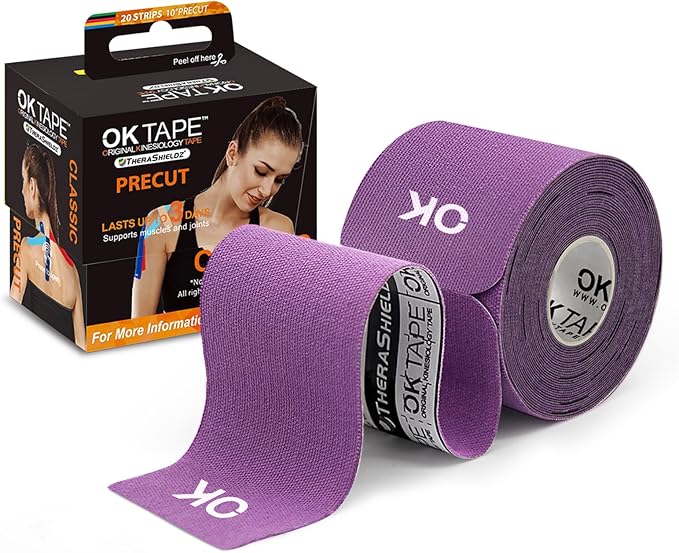 OK TAPE Kinesiology Tape 10 inches Precut, 20 Strips, Cotton Elastic Athletic Tape Latex Free, 2in x 16ft, Purple