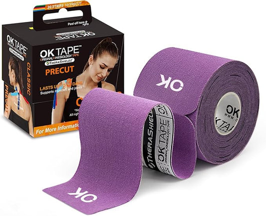 OK TAPE Kinesiology Tape 10 inches Precut, 20 Strips, Cotton Elastic Athletic Tape Latex Free, 2in x 16ft, Purple