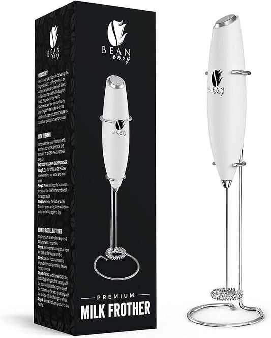 Bean Envy Milk Frother Handheld for Coffee - Electric Hand Blender, Mini Drink Mixer Whisk & Coffee Foamer Wand with Stand for Lattes, Cappuccino, Matcha and Hot Chocolate - Kitchen Gifts - White