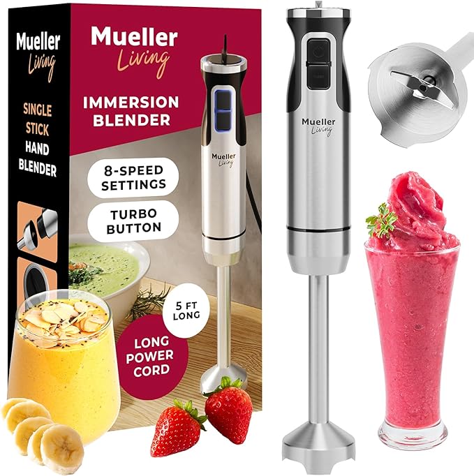 MuellerLiving Immersion Blender Handheld - 8 Speed Stainless Steel Electric Hand Blender, Emulsion Blender Stick Kitchen Gadget with Turbo Mode