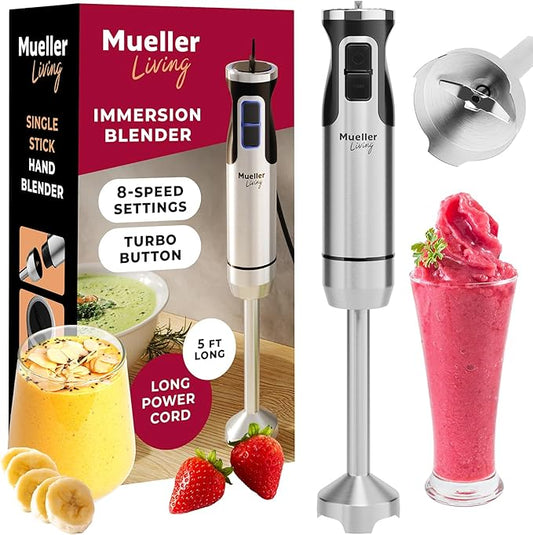 MuellerLiving Immersion Blender Handheld - 8 Speed Stainless Steel Electric Hand Blender, Emulsion Blender Stick Kitchen Gadget with Turbo Mode