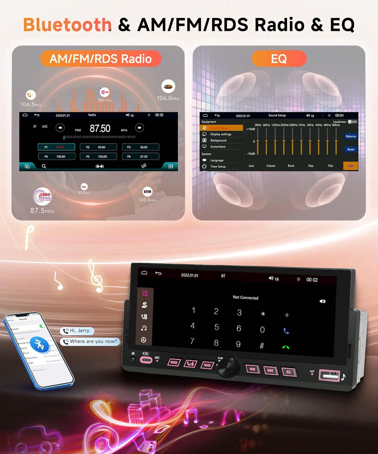 Car Stereo Single Din Wireless Carplay 6.86 inch Touch Screen Android Auto, Rimoody Car Radio with Bluetooth 5.2 Mirror Link FM/EQ USB/AUX/TF/SWC/MIC Car Audio Receiver with Backup Camera